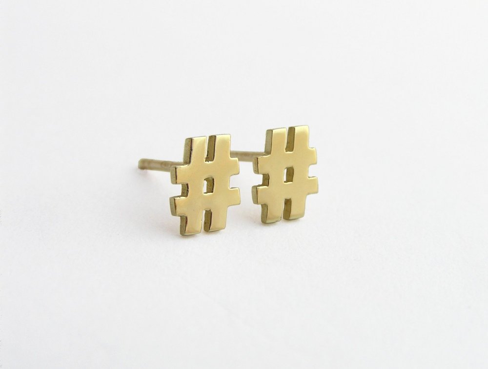 14k Gold Hashtag Stud Earrings Solid Gold Hash Symbol Tag Yourself